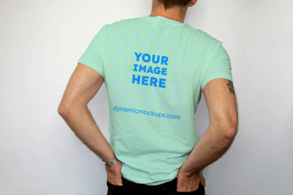 Man Wearing Mint T-shirt Mockup Back View Template
