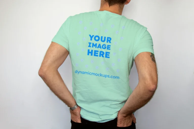 Man Wearing Mint T-shirt Mockup Back View Template