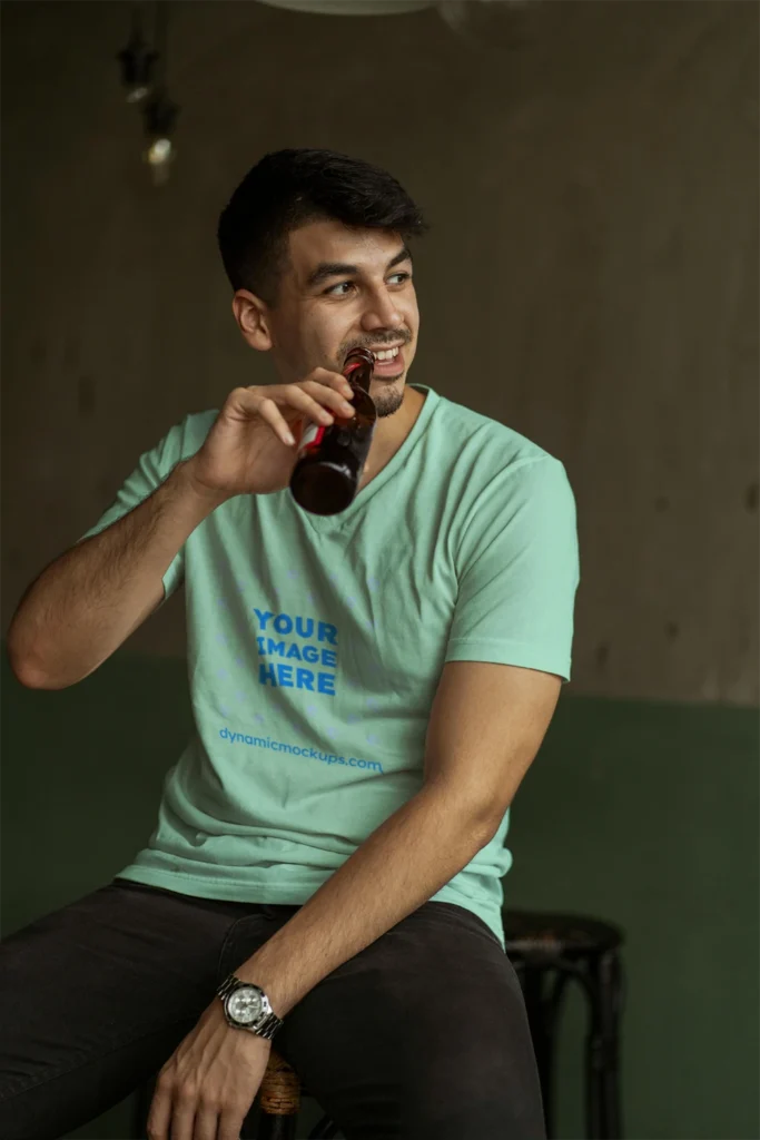 Man Wearing Mint T-shirt Mockup Front View Template