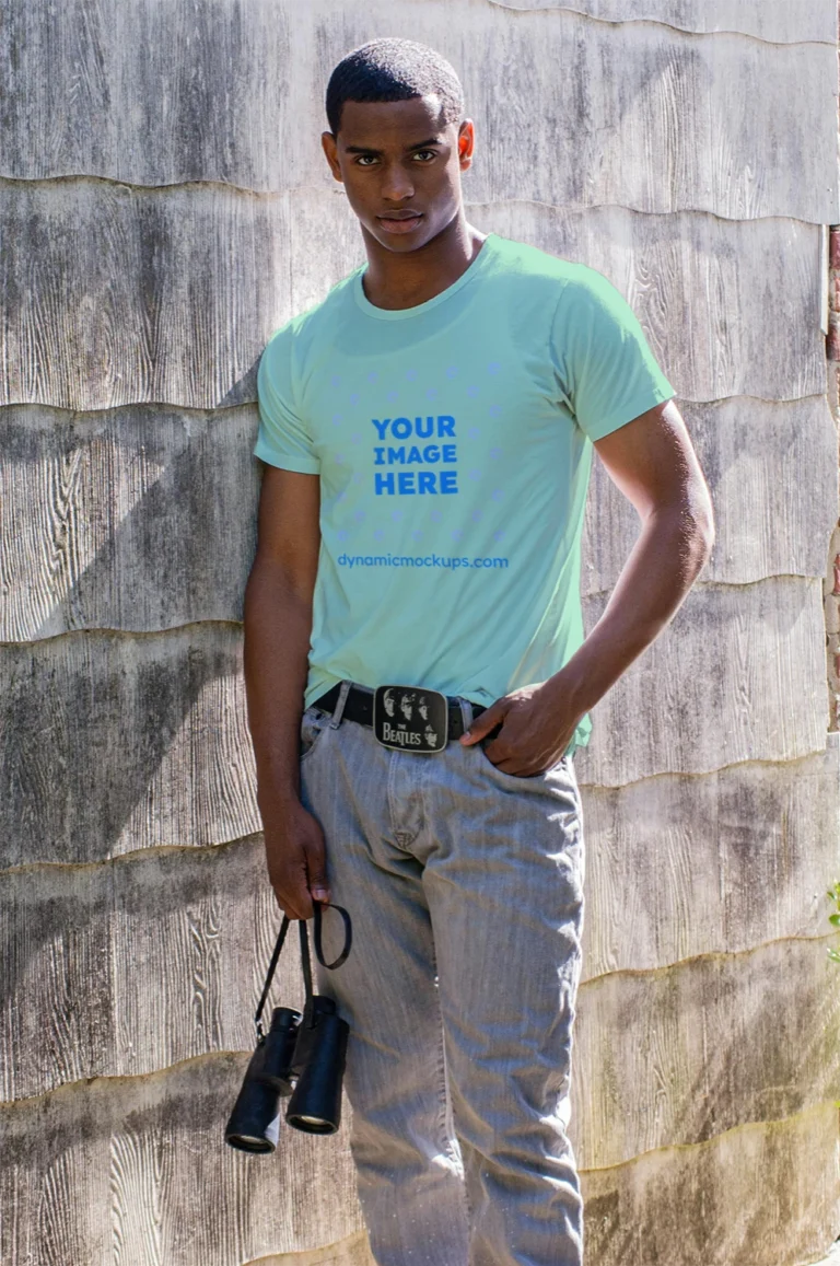 Man Wearing Mint T-shirt Mockup Front View Template