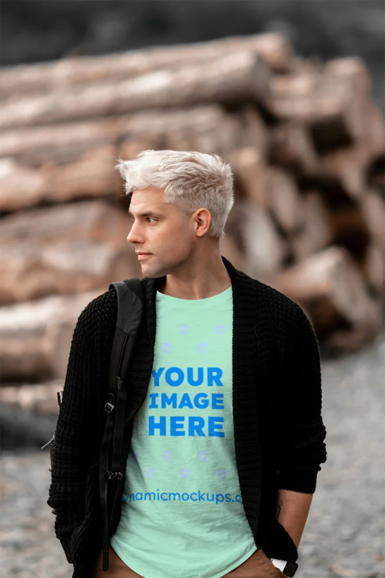 Man Wearing Mint T-shirt Mockup Front View Template