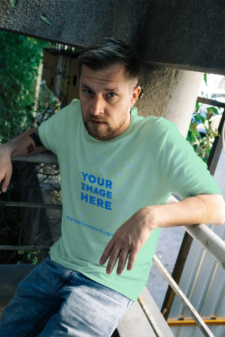 Man Wearing Mint T-shirt Mockup Front View Template