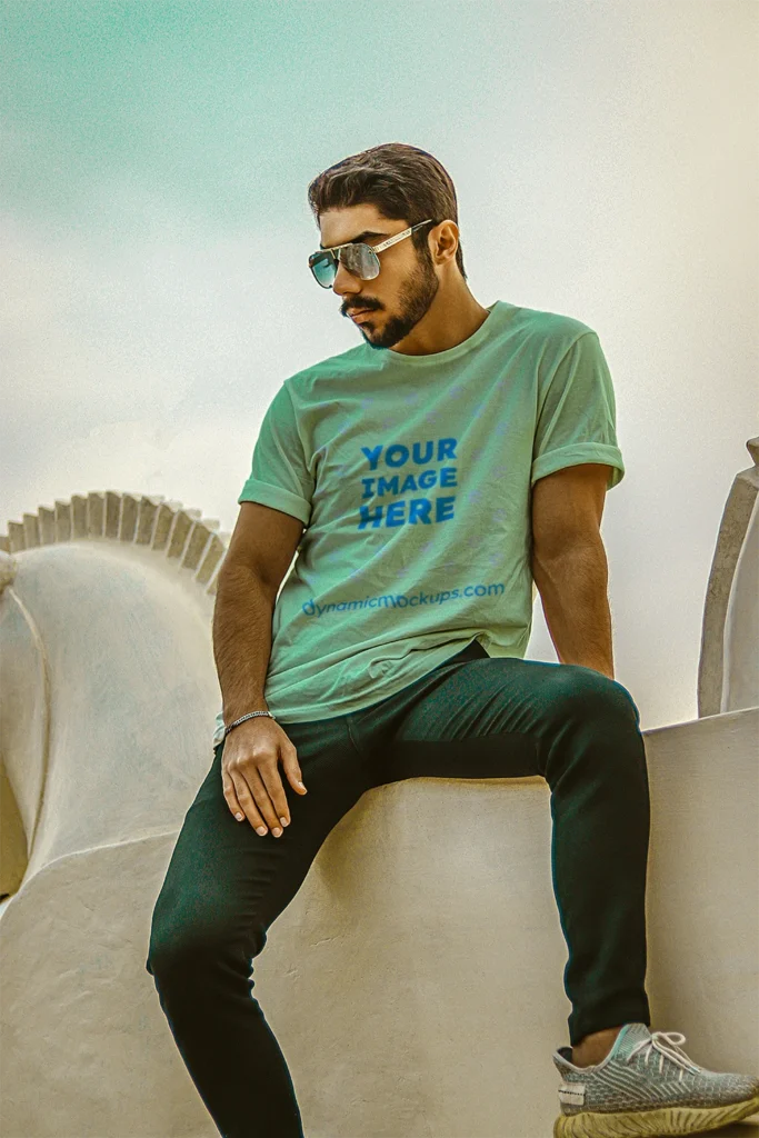 Man Wearing Mint T-shirt Mockup Front View Template