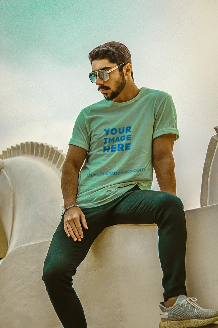 Man Wearing Mint T-shirt Mockup Front View Template