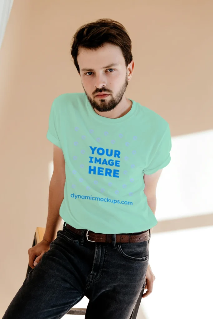 Man Wearing Mint T-shirt Mockup Front View Template