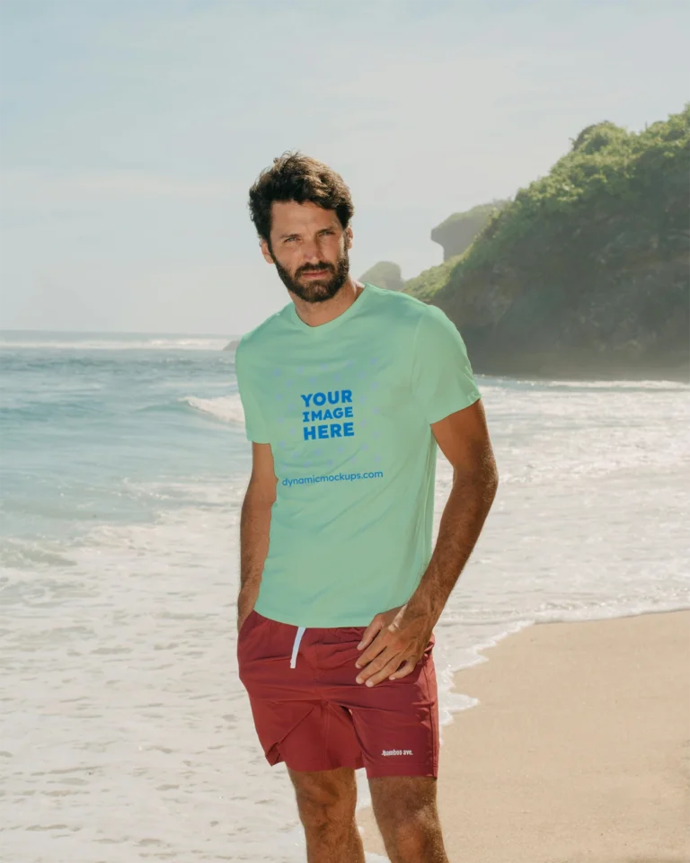Man Wearing Mint T-shirt Mockup Front View Template