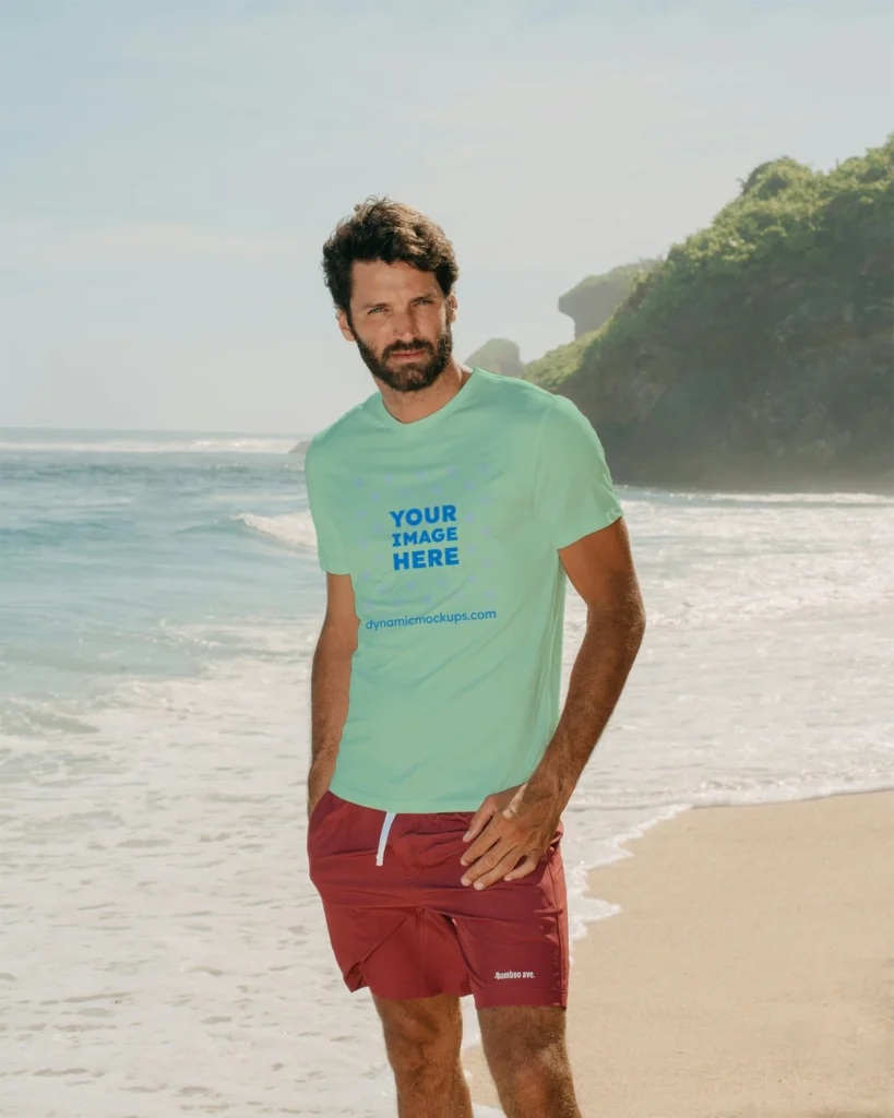 Man Wearing Mint T-shirt Mockup Front View Template