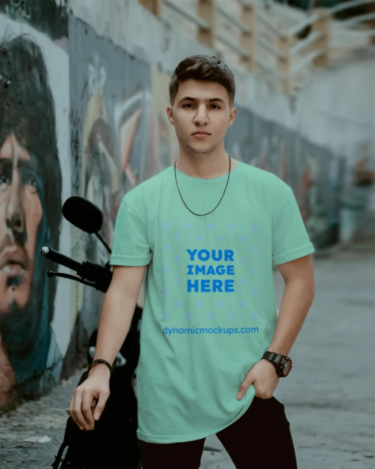 Man Wearing Mint T-shirt Mockup Front View Template