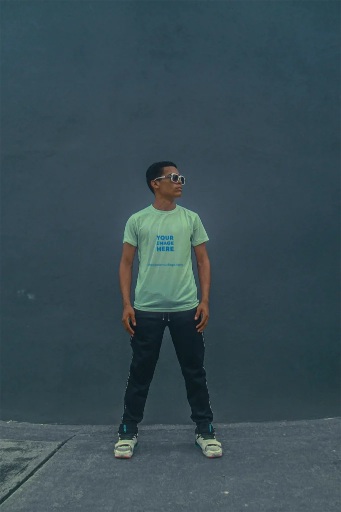 Man Wearing Mint T-shirt Mockup Front View Template