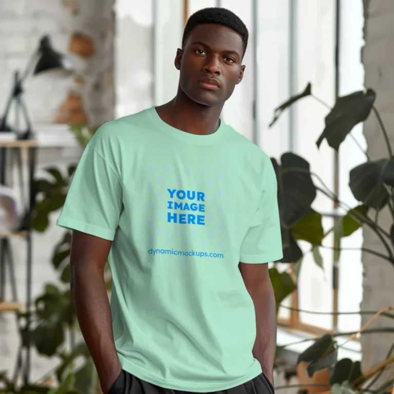 Man Wearing Mint T-shirt Mockup Front View Template