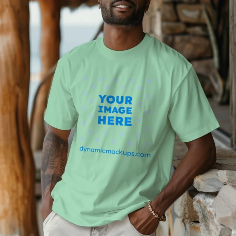 Man Wearing Mint T-shirt Mockup Front View Template