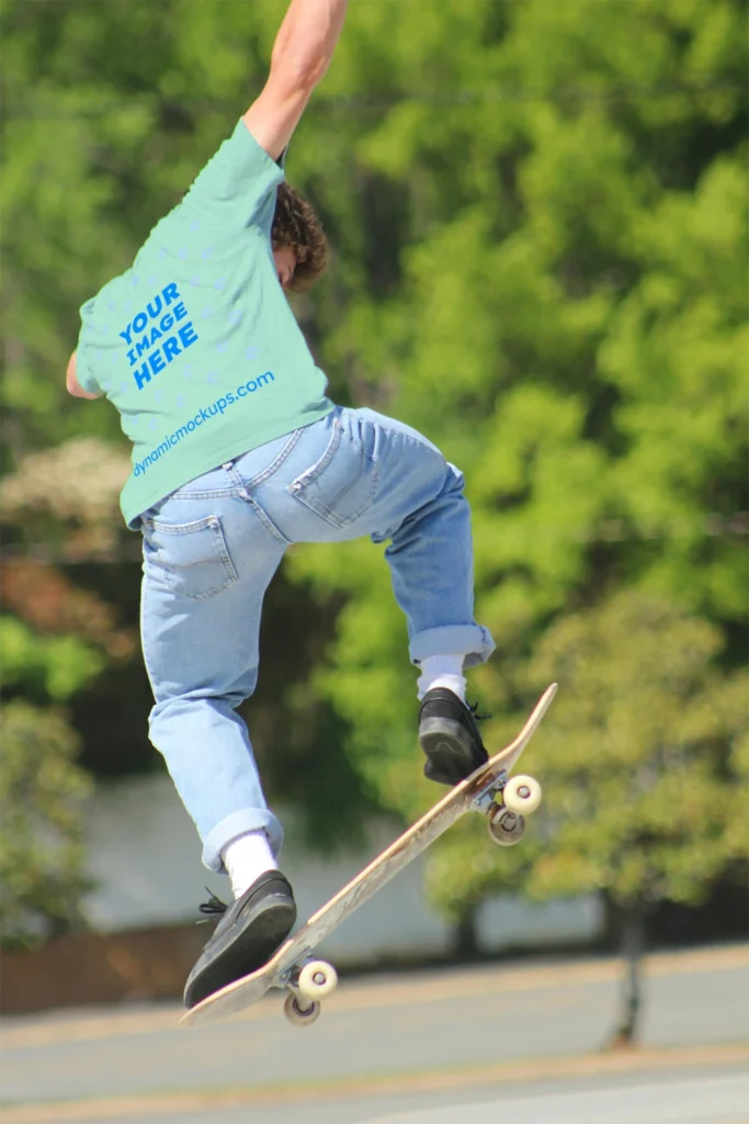 Man Wearing Mint T-shirt Mockup Back View Template