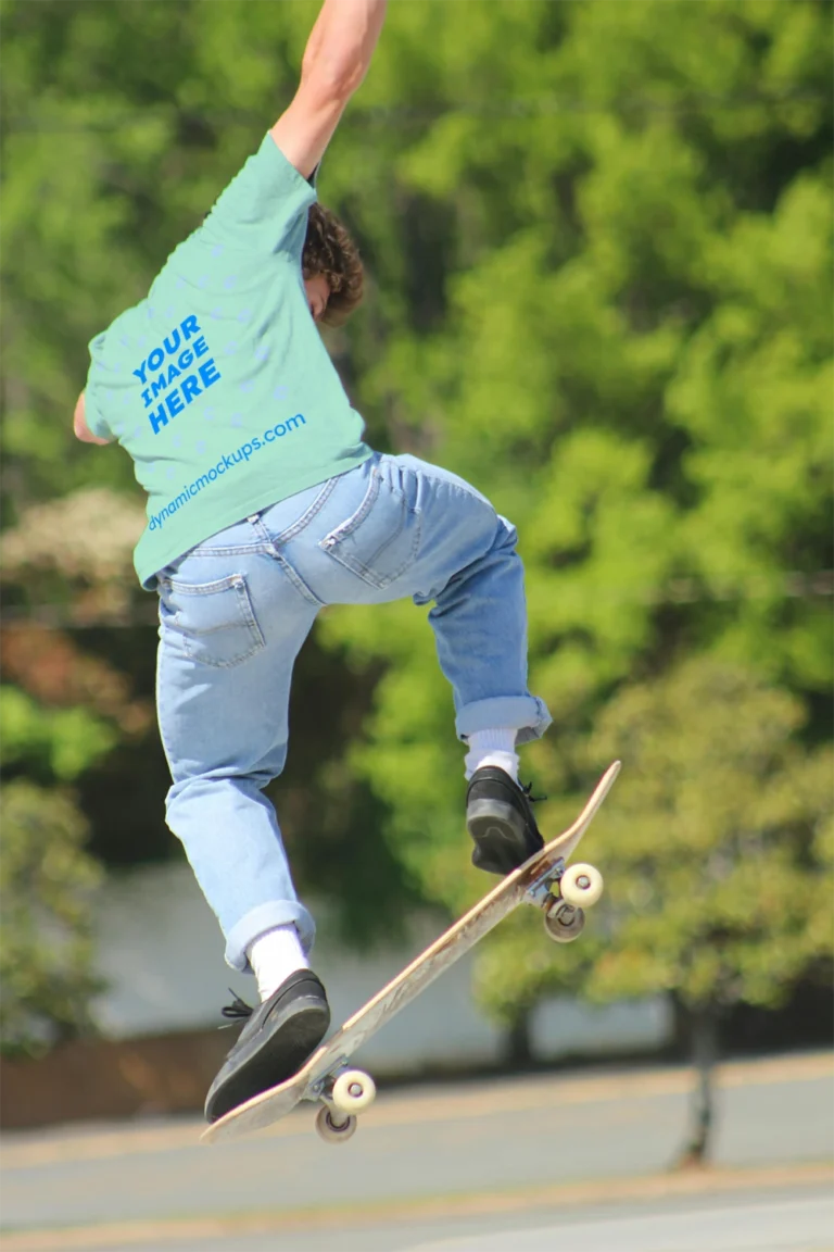 Man Wearing Mint T-shirt Mockup Back View Template