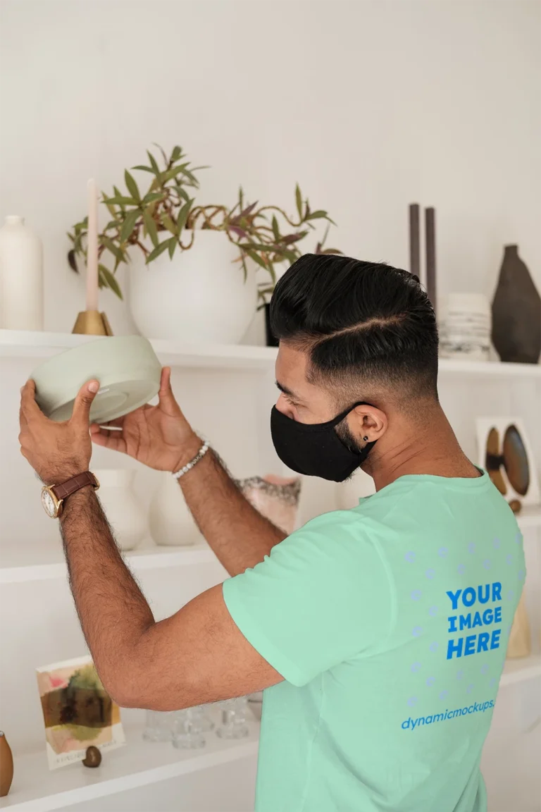 Man Wearing Mint T-shirt Mockup Back View Template