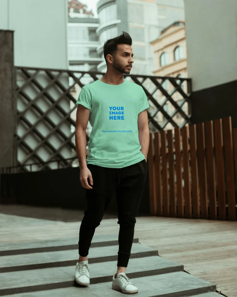 Man Wearing Mint T-shirt Mockup Front View Template