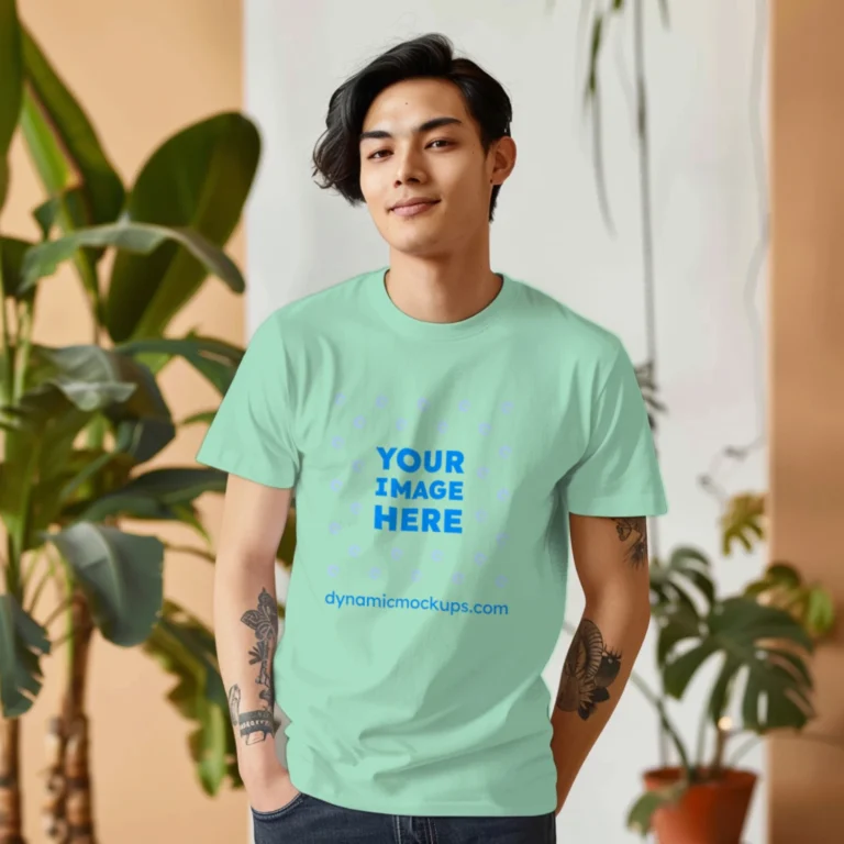 Man Wearing Mint T-shirt Mockup Front View Template