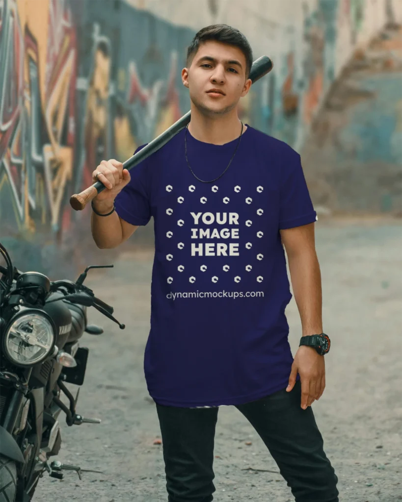 Man Wearing Navy Blue T-shirt Mockup Front View Template