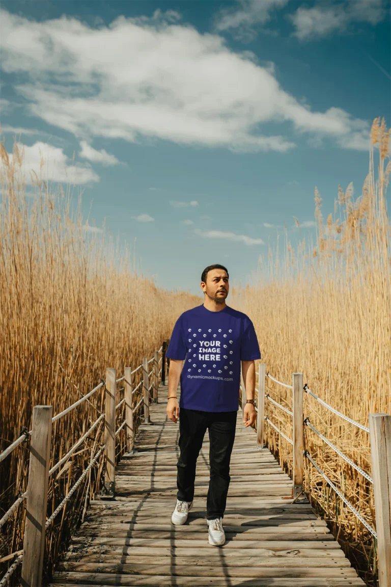 Man Wearing Navy Blue T-shirt Mockup Front View Template