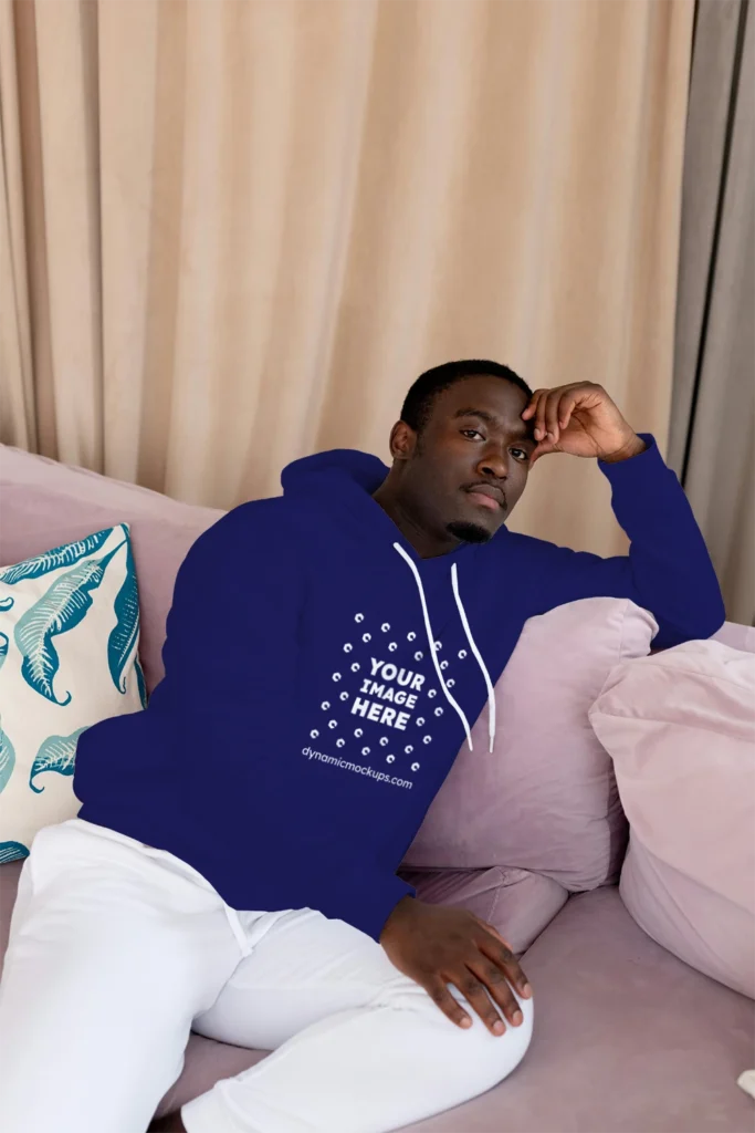 Man Wearing Navy Blue Hoodie Mockup Front View Template