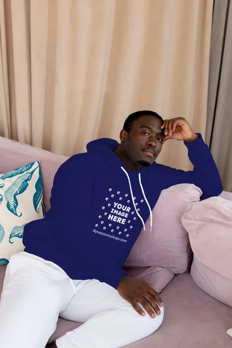 Man Wearing Navy Blue Hoodie Mockup Front View Template