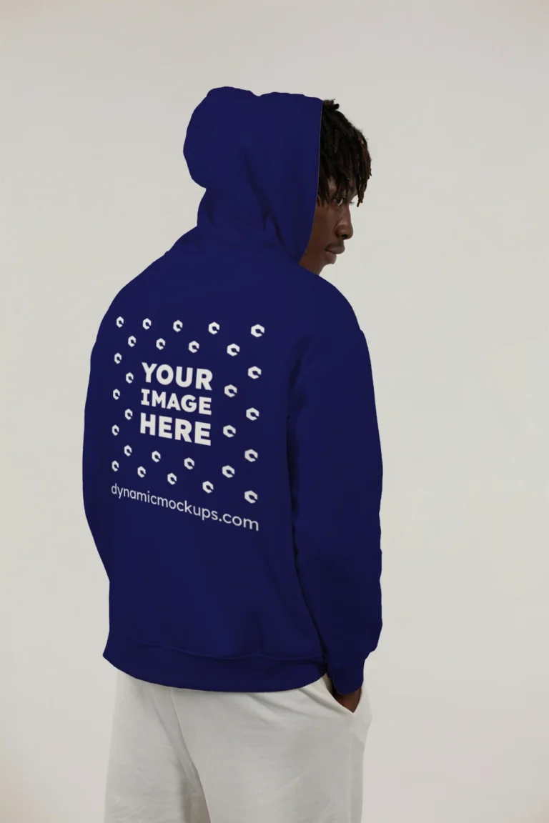 Man Wearing Navy Blue Hoodie Mockup Back View Template