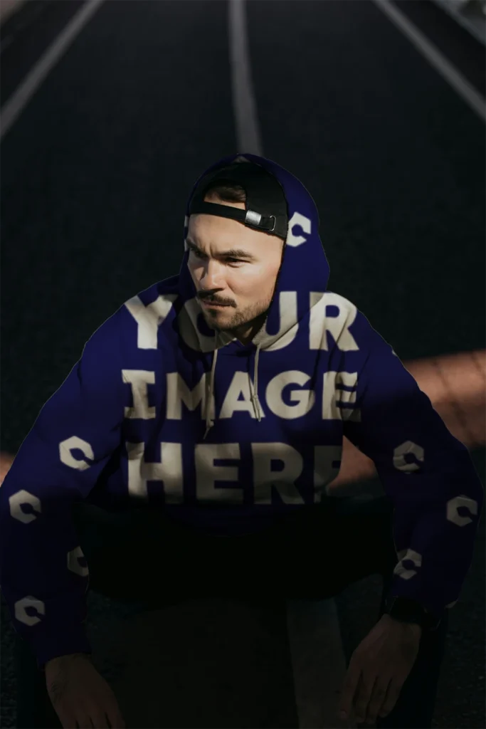 Man Wearing Navy Blue Hoodie Mockup Front View Template