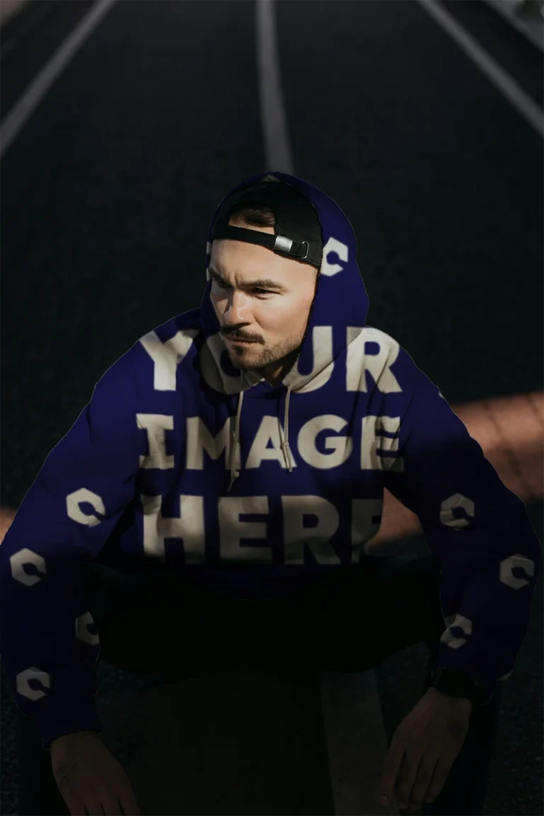 Man Wearing Navy Blue Hoodie Mockup Front View Template