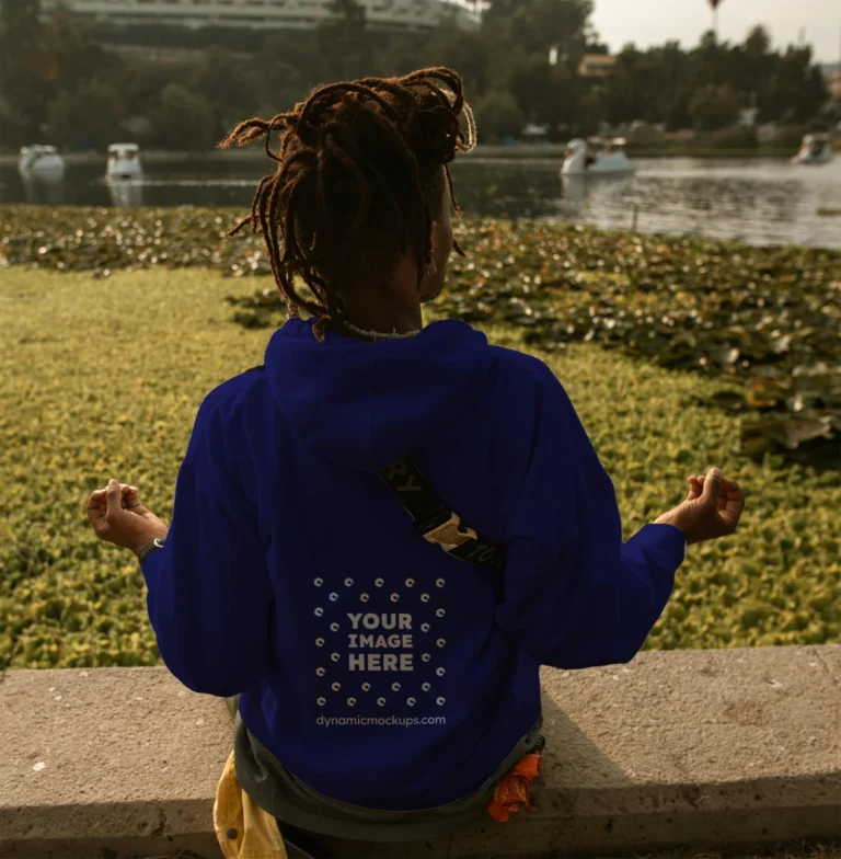 Man Wearing Navy Blue Hoodie Mockup Back View Template