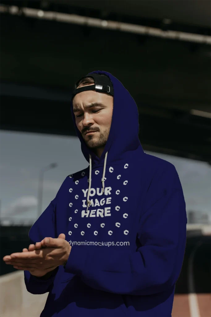 Man Wearing Navy Blue Hoodie Mockup Front View Template