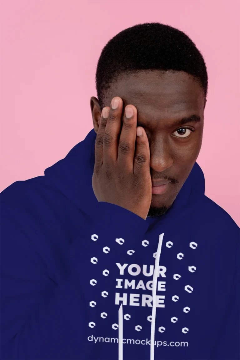Man Wearing Navy Blue Hoodie Mockup Front View Template