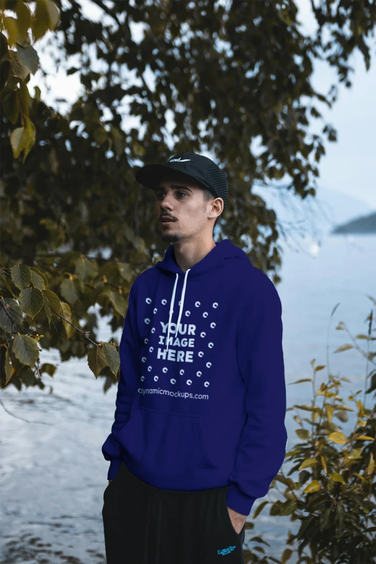 Man Wearing Navy Blue Hoodie Mockup Front View Template