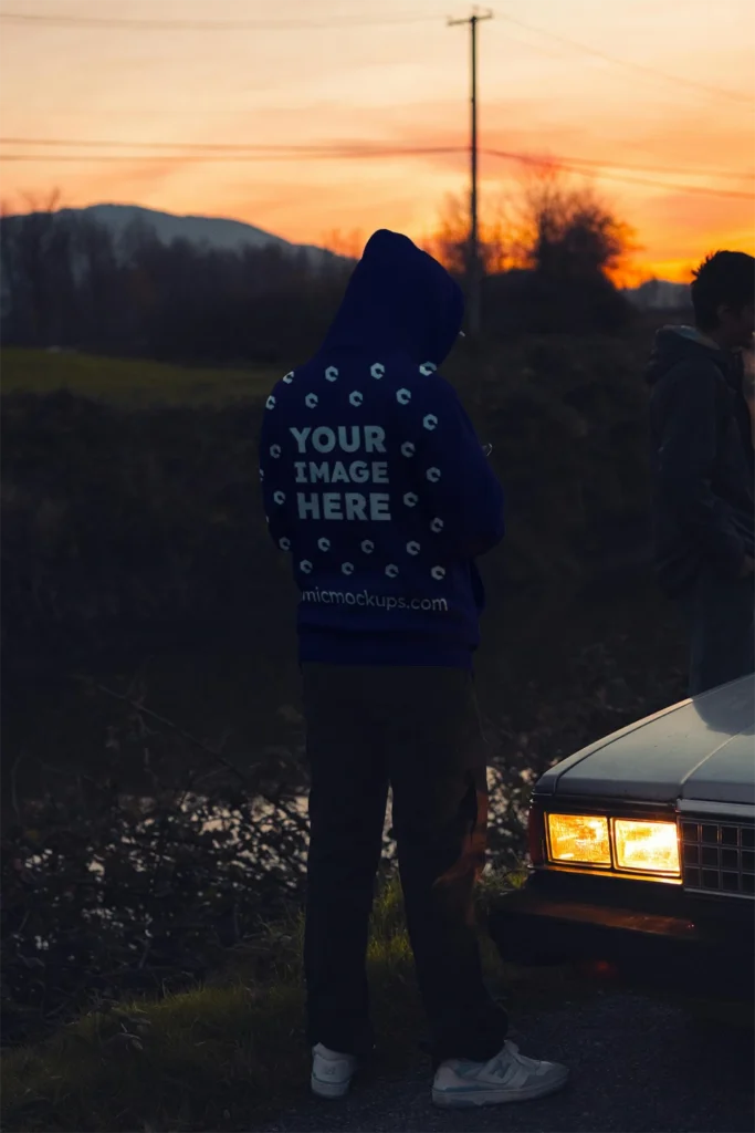 Man Wearing Navy Blue Hoodie Mockup Back View Template