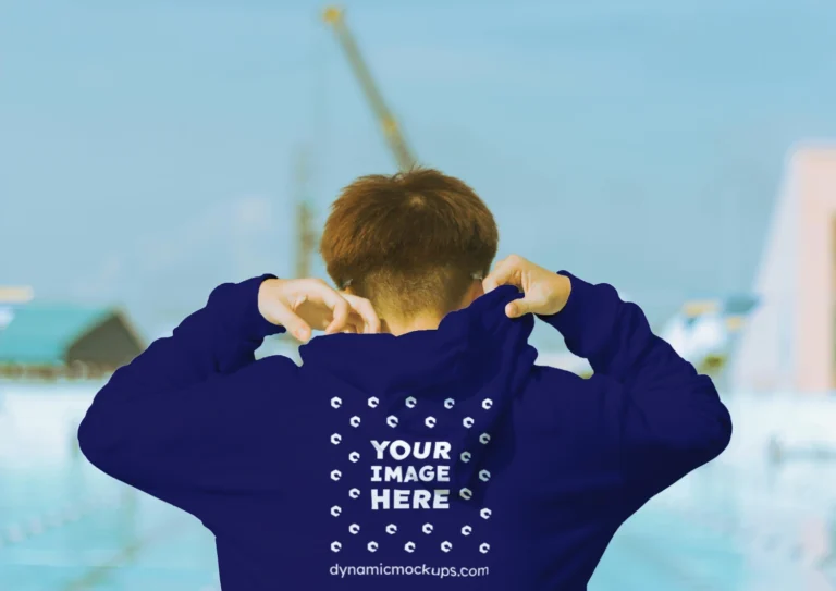 Man Wearing Navy Blue Hoodie Mockup Back View Template