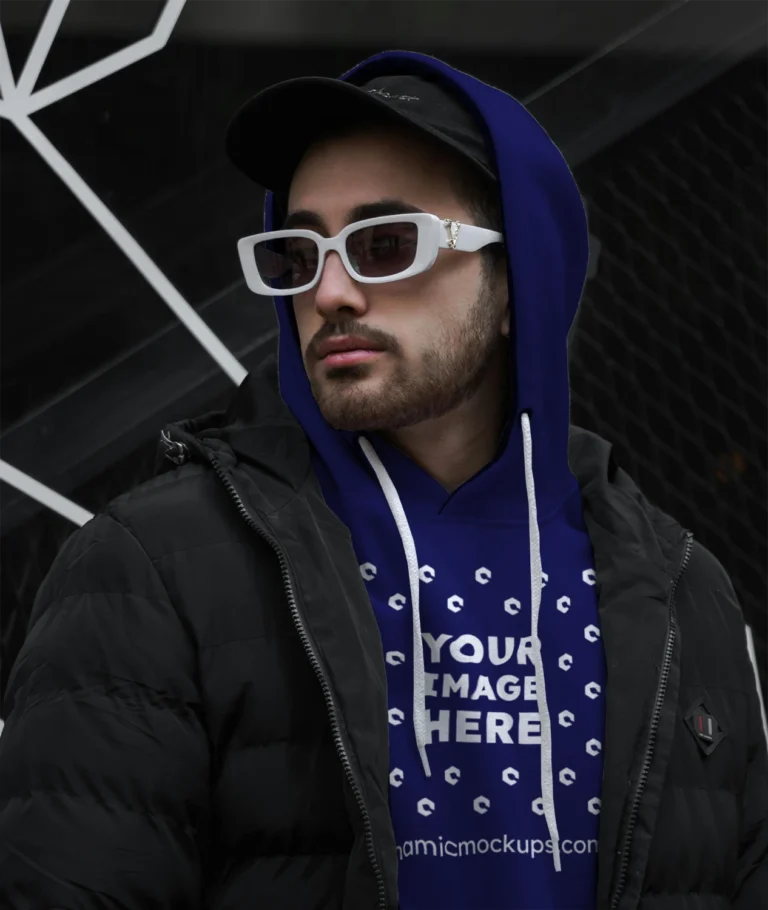 Man Wearing Navy Blue Hoodie Mockup Front View Template