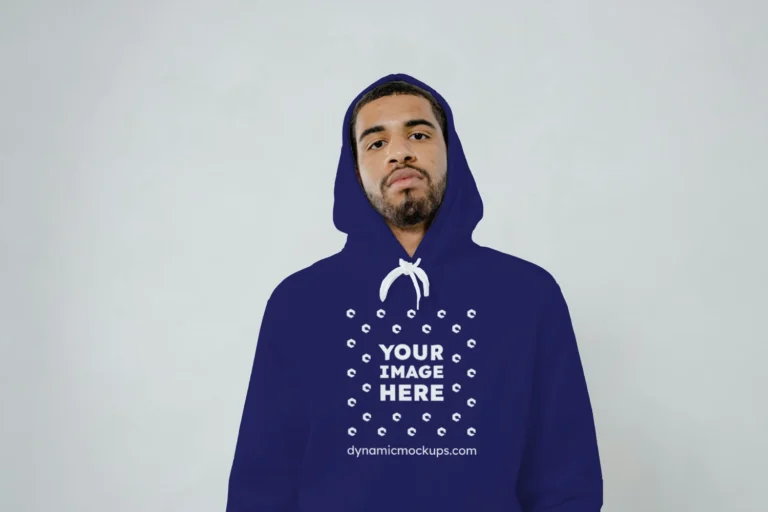 Man Wearing Navy Blue Hoodie Mockup Front View Template