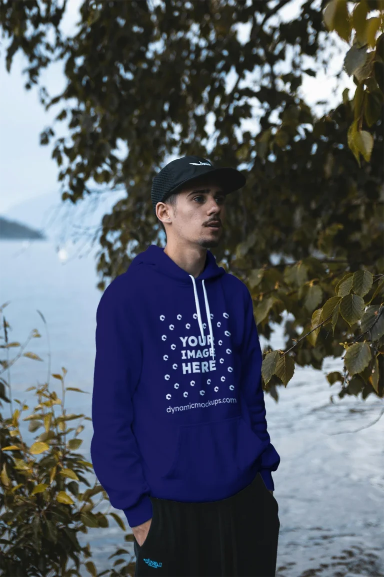Man Wearing Navy Blue Hoodie Mockup Front View Template