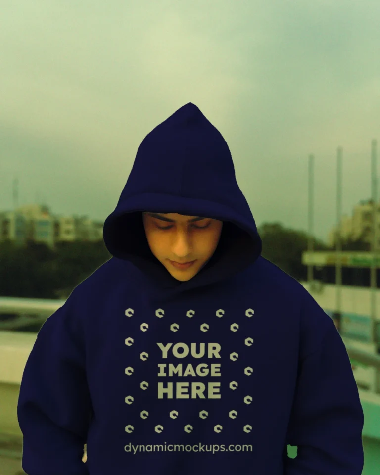 Man Wearing Navy Blue Hoodie Mockup Front View Template