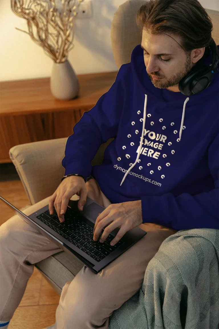 Man Wearing Navy Blue Hoodie Mockup Front View Template