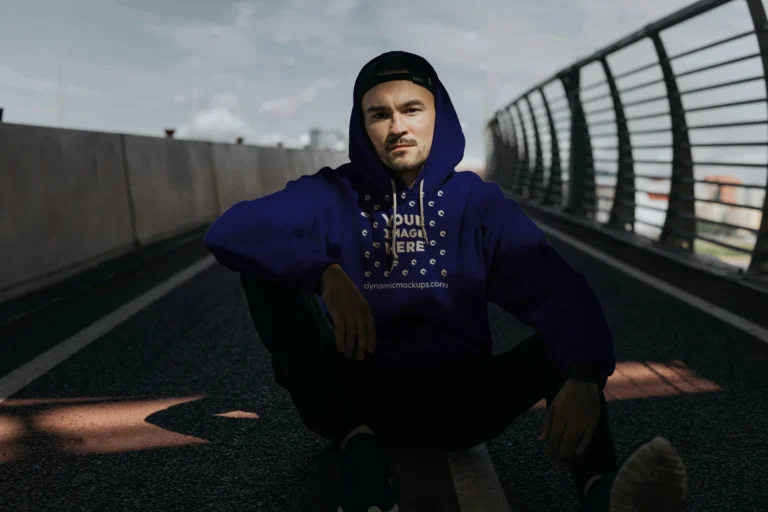 Man Wearing Navy Blue Hoodie Mockup Front View Template