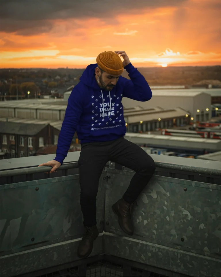 Man Wearing Navy Blue Hoodie Mockup Front View Template