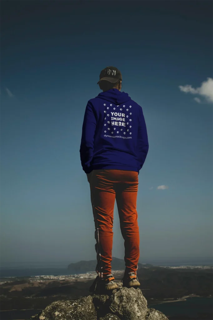 Man Wearing Navy Blue Hoodie Mockup Back View Template
