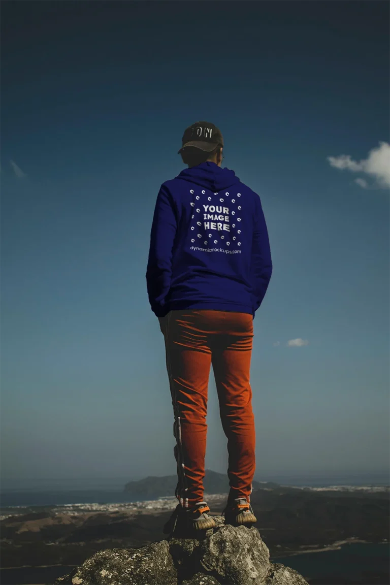 Man Wearing Navy Blue Hoodie Mockup Back View Template