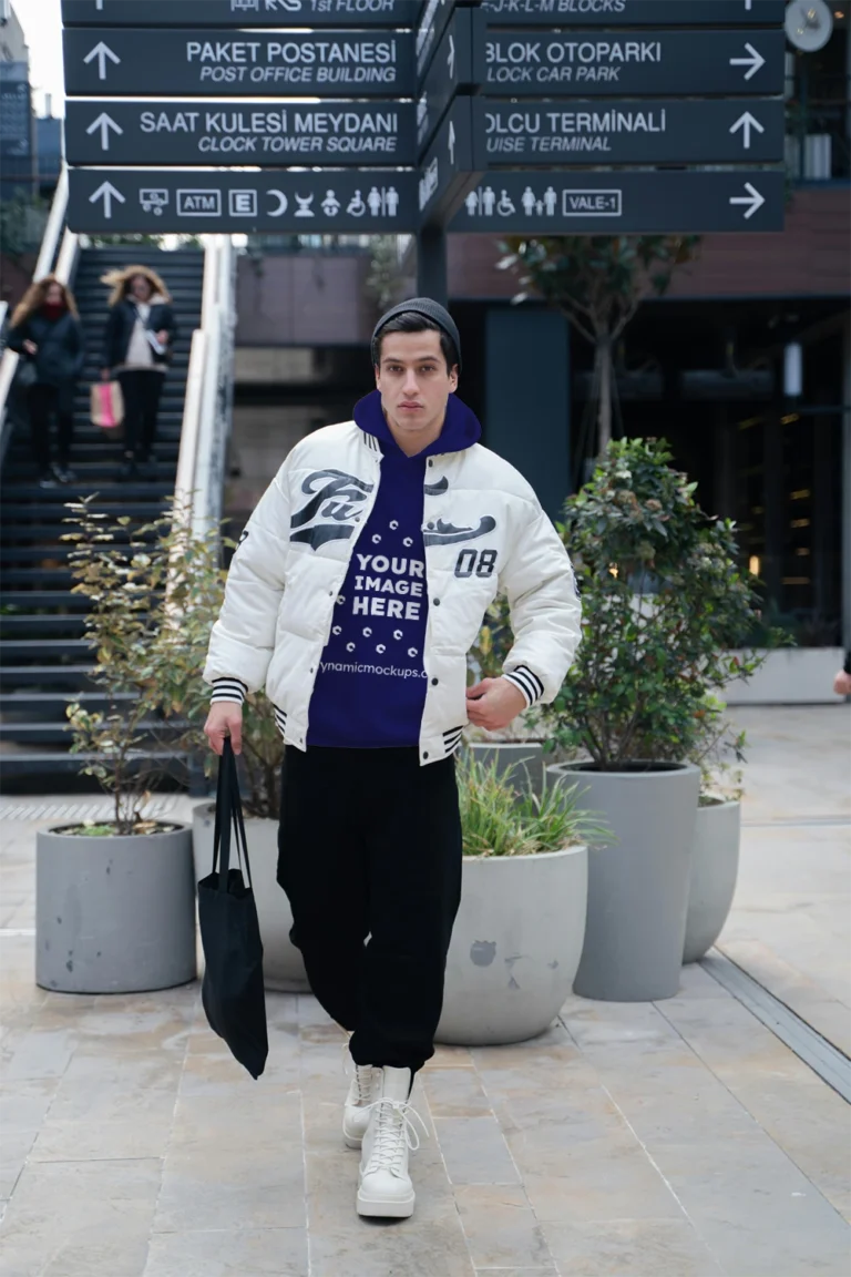 Man Wearing Navy Blue Hoodie Mockup Front View Template