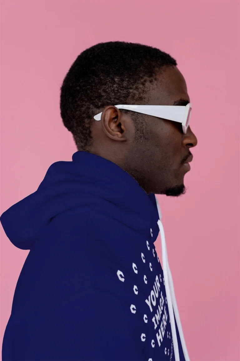 Man Wearing Navy Blue Hoodie Mockup Side View Template