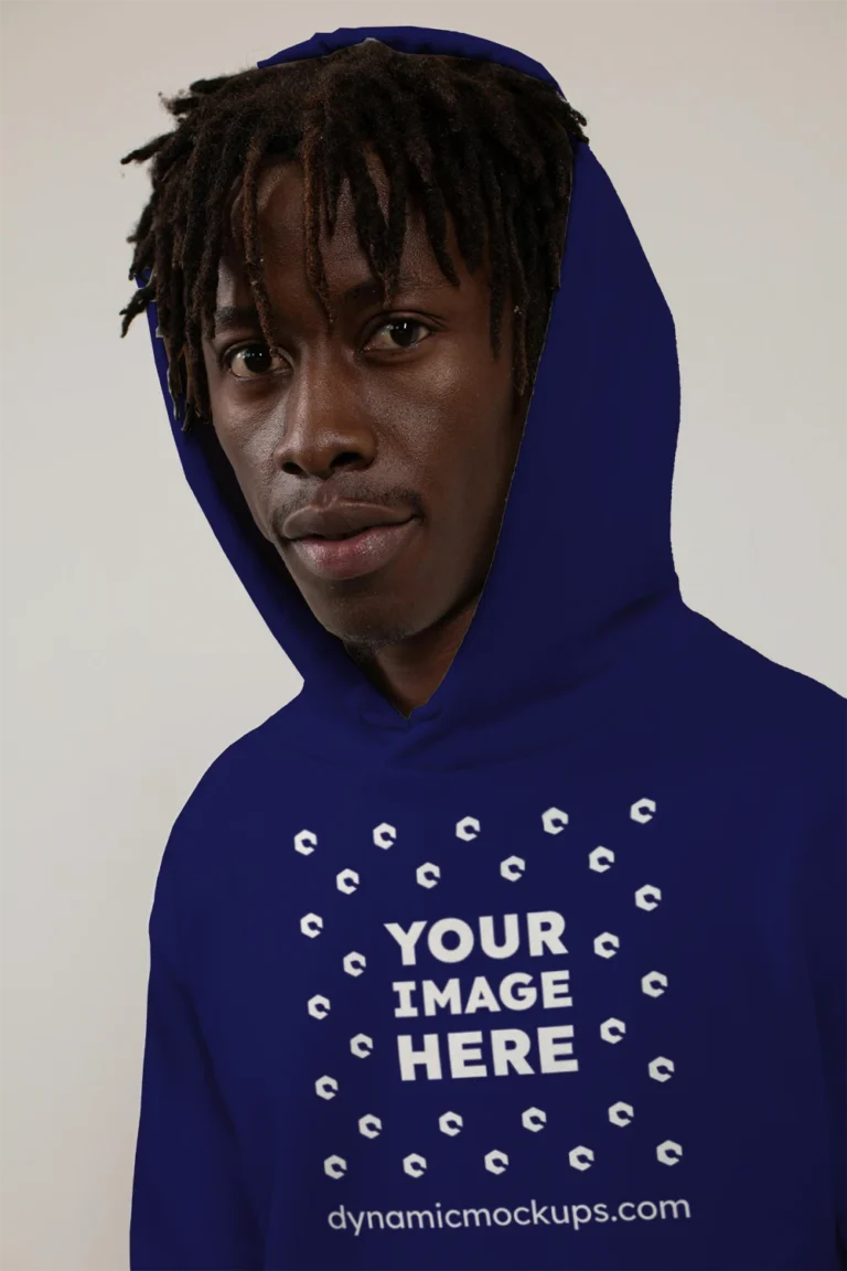 Man Wearing Navy Blue Hoodie Mockup Front View Template