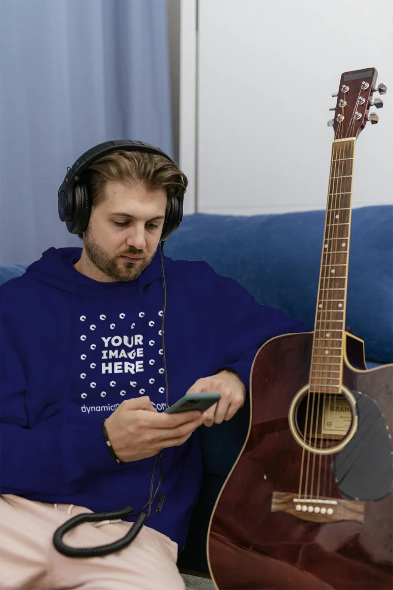 Man Wearing Navy Blue Hoodie Mockup Front View Template
