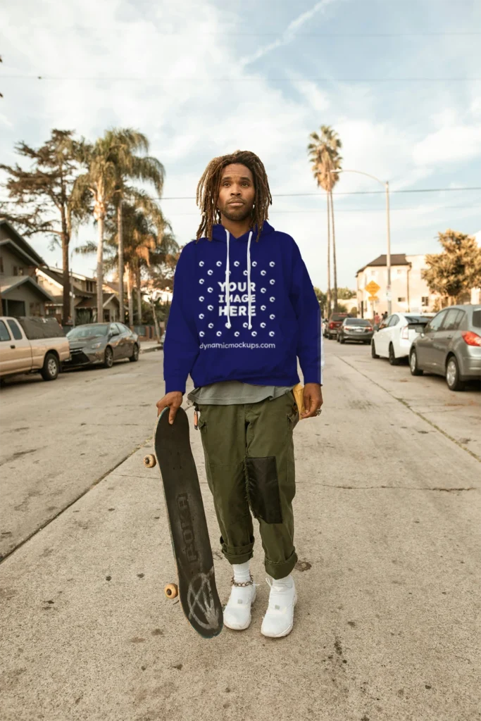 Man Wearing Navy Blue Hoodie Mockup Front View Template