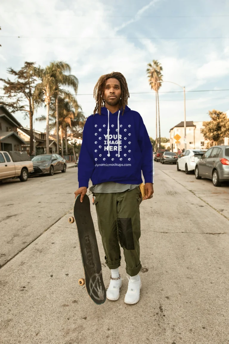 Man Wearing Navy Blue Hoodie Mockup Front View Template