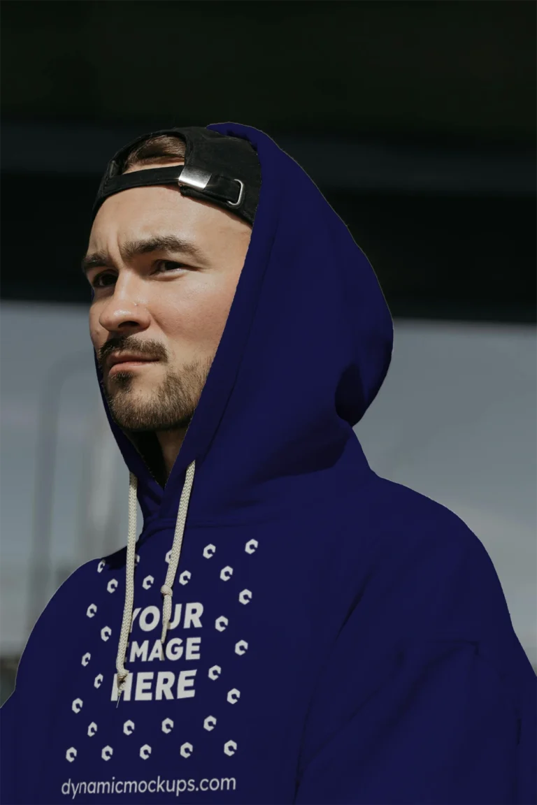 Man Wearing Navy Blue Hoodie Mockup Front View Template