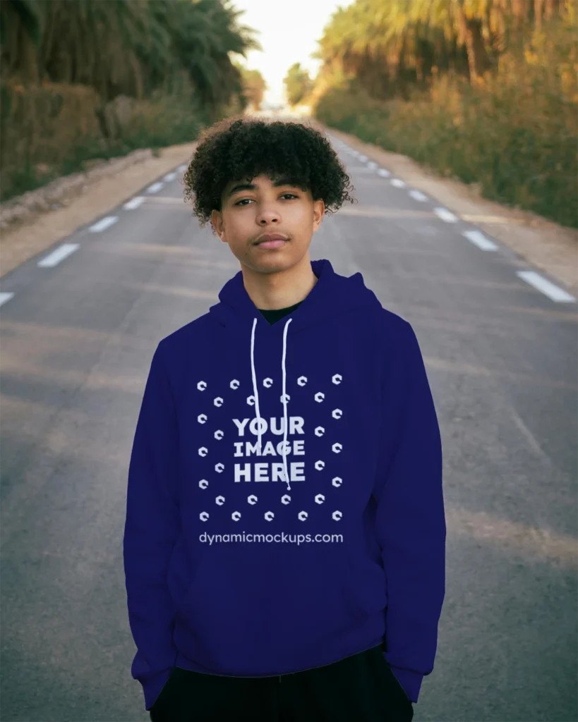 Man Wearing Navy Blue Hoodie Mockup Front View Template